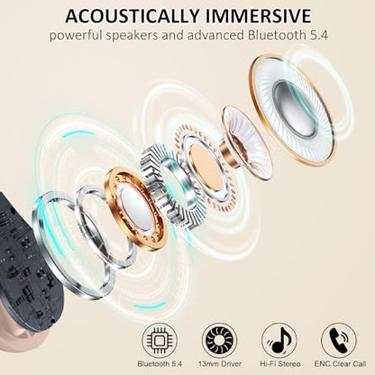 Matast Wireless Earbuds, Bluetooth 5.4 Headphones Sports, 50H Playback Over-Ear Buds with ENC Noise Cancelling Mic, HiFi Stereo Fitness Earphones with Earhooks, IP7 Waterproof Headset - color: light pink