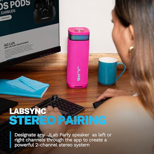 JLab, JBuds Party, Portable Bluetooth Speaker, Waterproof, RGB Lighting, Multi-Speaker Connection, Pink - color: Pink