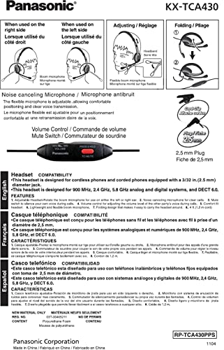 Panasonic Comfort Fit Headset for TCA Series Cordless Landline Phones, Foldable Headset with Flexible Noise-Cancelling Microphone and Volume Control, 2.5 mm Plug, Grey/Silver KX-TCA430 - size: Regular