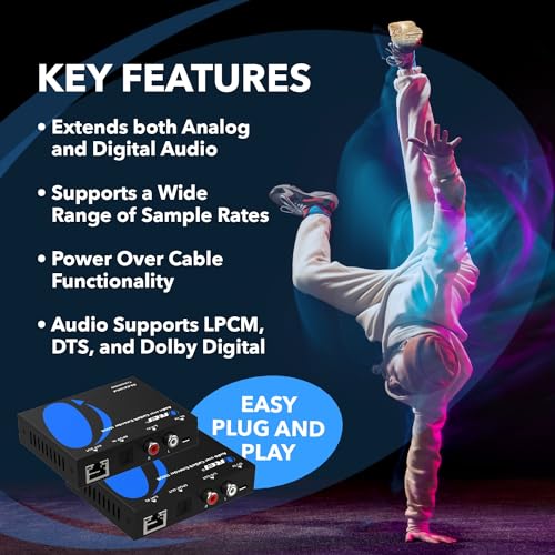 OREI Audio Over Cat6 Extender 990ft Coxial 5.1, PoC, Two-Way IR, DTS, LPCM | Coax to Toslink, Analog Audio Extender – Audio Balun over Cat6, Built-in DAC, Dolby Digital Plus, 24-bit/192kHz audio