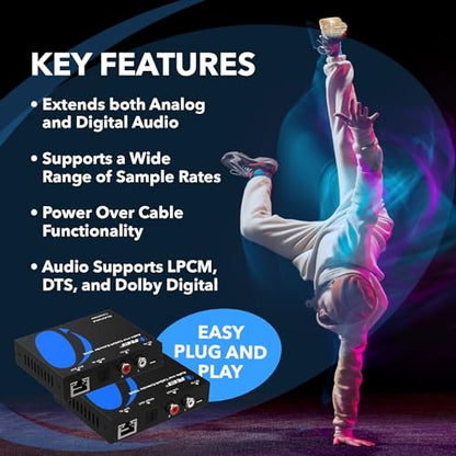 OREI Audio Over Cat6 Extender 990ft Coxial 5.1, PoC, Two-Way IR, DTS, LPCM | Coax to Toslink, Analog Audio Extender – Audio Balun over Cat6, Built-in DAC, Dolby Digital Plus, 24-bit/192kHz audio