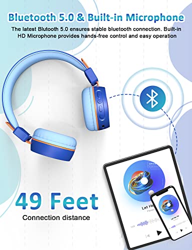 New Bee Kids Bluetooth Headphone with Microphone Bluetooth 5.0 Wireless Kids Headphones with 32H Playtime/94dB Volume Limited On Ear Headphones for School/Girls/Boys/iPad/Fire Tablet(Blue) - color: Blue, size: wireless