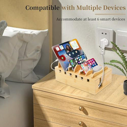 WRINGKIT Bamboo Charging Station for Multiple Devices, Hold 6 Devices | Desktop Charging Docking Stations Organizer with Removable Divider Slots, Compatible with Tablets, iPads, Cell Phone, Laptop