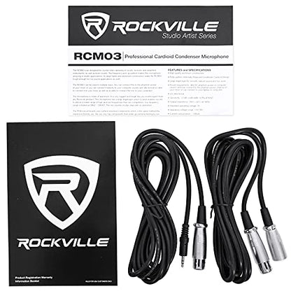 Rockville RCM03 Studio Condenser Mic with Vocal Isolation Shield | Cardioid, 16mm Diaphragm, 30Hz-20kHz, XLR/3.5mm Cable, Shock Mount, ROCKSHIELD 3 5-Panel Isolation Shield, Recording, 2-Items