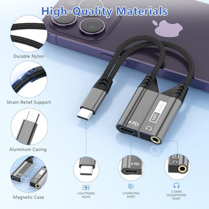 Magnetic 2-in-1 USB C to 3.5mm Audio Jack Headphone and Charge Cable Adapter for Type C Devices,PD 60W Fast Charge Earphone Converter Splitter for iPhone 15 16/Samsung/Huawei/iPad Pro Air