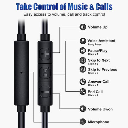 Joysico Wired Over Ear Earbuds Headphones with Mic and Volume Control Black | Wrap Around Ear Hook Secure Fit, 6 Sizes Tips, Earphone Case, Sport Running Workout Sweatproof, For Cellphones Laptop Tablets