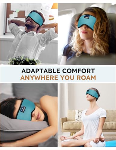 MUSICOZY Sleep Headphones Bluetooth 5.4 Sleep Eye Mask with HD Speakers | Soft Cotton Fabric, Flat Design, 14 Hours Playtime, Washable Headband Style for Side Sleepers, Travel Meditation Relaxation - color: Light Blue