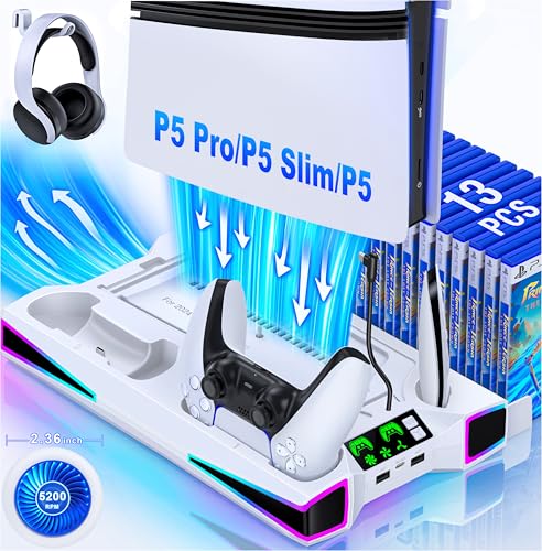 LIFUFUTEE PS5 Stand, PS5/Slim/Pro Cooling Station with 2.36in Cooling Fan, Controller Charger Station for PS5 Accessories, RGB Light, Headset Holder, 3 Charger Ports for PlayStation 5 Slim/Pro Console - color: White