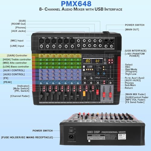 Pyle Professional 8 Channel Audio Mixer - DJ Sound Controller w/ Bluetooth Wireless, 6 XLR Mic/Line Input, DSP Effects, USB-A Input, PC Recording, MP3 Player, LED Level Meters, Sub Out - PMX648 - size: 8