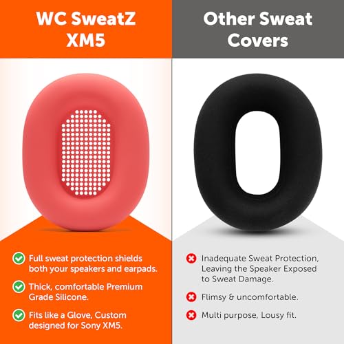 WC SweatZ XM5 - Patented Earpad Sweat Covers for Sony WH1000XM5 by Wicked Cushions | Full 360 Earpad Protection | Sweatproof & Easily Washable | Red - color: Red