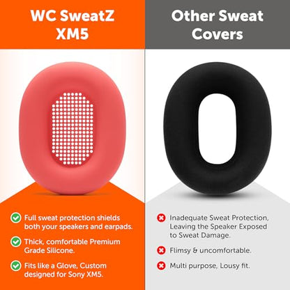 WC SweatZ XM5 - Patented Earpad Sweat Covers for Sony WH1000XM5 by Wicked Cushions | Full 360 Earpad Protection | Sweatproof & Easily Washable | Red - color: Red