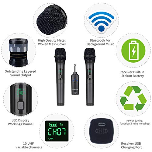 K380A Wireless Microphones - Dual UHF Handheld Cordless Mics with Rechargeable Bluetooth Receiver - Karaoke/Speech/Church (Elegant Black)