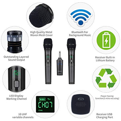 K380A Wireless Microphones - Dual UHF Handheld Cordless Mics with Rechargeable Bluetooth Receiver - Karaoke/Speech/Church (Elegant Black)