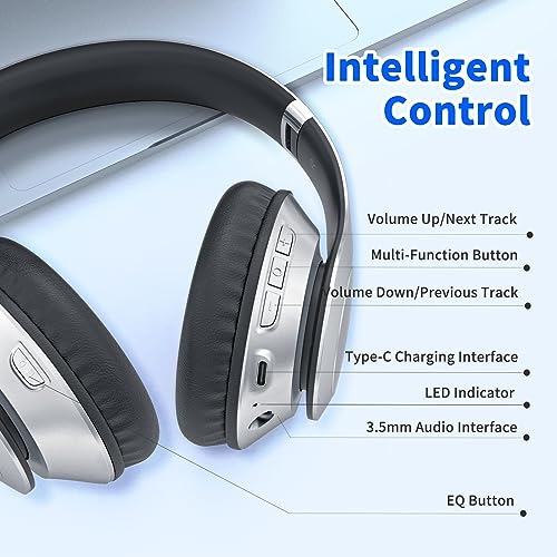 Uliptz Bluetooth Headphones Over Ear, Wireless HiFi Stereo Foldable Headset | 65H Playtime, Bluetooth 6.0, 6 EQ Modes, Built-in Mic, Deep Bass Stereo, Lightweight Design for Home, Office, Travel & PC - color: Silver