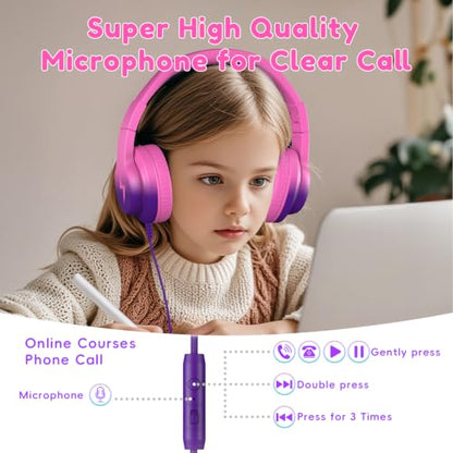 Candy Bila Wired Kids Headphones for School, Over-Ear for Boys Girls | Volume Limiter 85/94dB, HD Stereo Sound, Microphone and Wired Control,Foldable Design, Deep Purple and Pink - color: Deep Purple and Pink