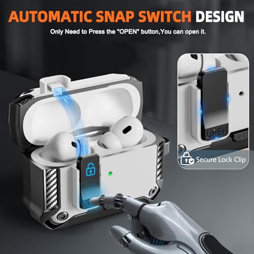 for AirPods Pro 1st/2nd Case with Lock & Phone Stand(White) | Automatic Snap Switch Lock,Carbon Fiber Texture Design Cover with Cleaner Kit - color: BB-white