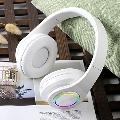 Wireless Bluetooth Headphones with Colorful LED Lights, White | HiFi Stereo Sound,Light Weight,Foldable,Colorful Backlit,Rechageable,Over Ear Headset for PC/Travel/Class/Office/Kids/Adult - color: White