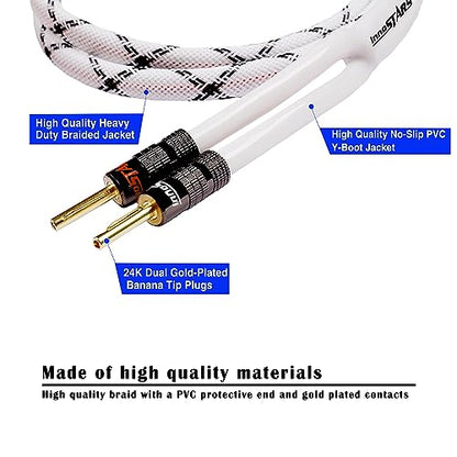 12AWG Speaker Cable (6 Feet), High Performance Heavy Duty Braided Speaker Wire with Dual Gold Plated Banana Plug, 99.99% Oxygen-Free Copper (OFC) - White, 6 Feet - color: White, size: 6 Feet / 1.83 M