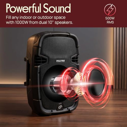 Pyle 10" Wireless Portable PA System - 1000W High Powered Bluetooth Compatible Active + Passive Pair Outdoor Sound Speakers w/USB SD MP3 AUX - 35mm Mount, 2 Stands, Microphone, Remote - PPHP1049KT - size: 10 in