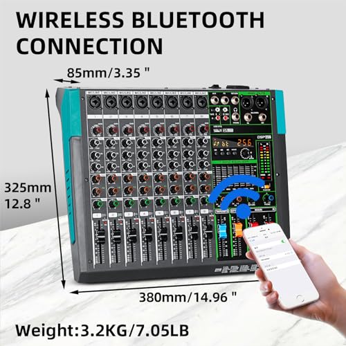 Depusheng PA8 Professional Audio Mixer Sound Board Console Desk System Interface 8 Channel Digital USB Bluetooth MP3 Computer Input 48V Phantom Power Built-in 256 Reverb Effect, Black