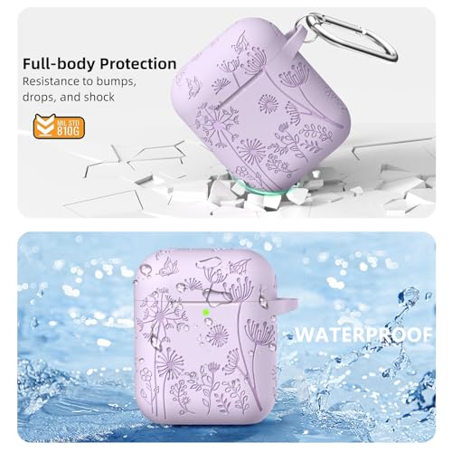 Lerobo for AirPod Case 2nd/1st Generation with Keychain | Flower Engraved Soft Silicone Shockproof Cover for AirPods 2 Case, Wireless Charging, Led Visible, One-piece Design, Lavender - color: Lavender