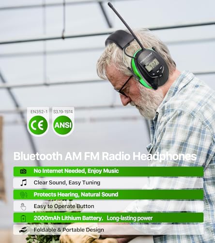 AM FM Radio Hearing Protection Earmuff, Bluetooth 5.4, 30SNR | Rechargeable Hearing Protectors with Gel Earpads, Headphones for Lawn Mowing, Construction, Chainsaw, Landscaping - color: Am/Fm+ Bluetooth-green