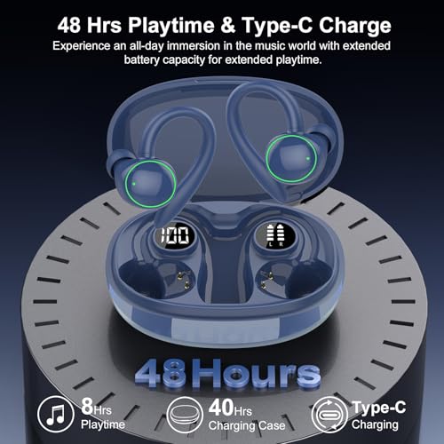 Wireless Earbuds, Bluetooth 5.4 Headphones Sport Over Ear Buds With ENC Mic | Noise Cancelling Mic, 48H, Wireless Earphone With Earhooks, Stereo Deep Bass, IP7 Waterproof Headset for Workout Running,Blue - color: J-Blue
