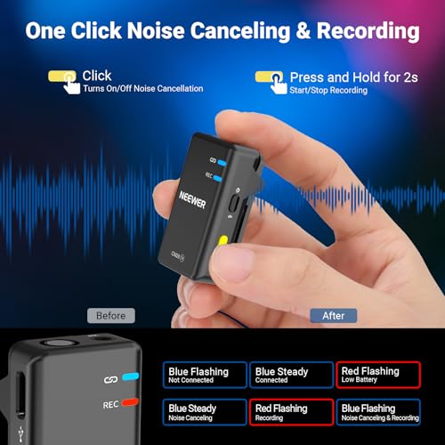 NEEWER CM28 Wireless Lavalier Microphone, Smart Noise Cancelling Lav Mic, 48KHz/16Bit 9hrs Uncompressed Recording, 200m Range, 4GB Storage for iPhone, Android, Camera, 1 RX + 2 TX + Charging Case - style: CM28 Set