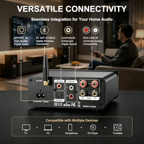 LONPOO 200W Bluetooth Audio Amplifier with DAC for Bookshelf Speaker HiFi | TPA3116 Chip, 2.0 Channel, Optical Coaxial USB RCA Aux Input, Plug and Play, Low Distortion, Black - color: all black