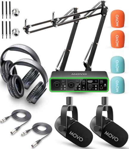 Movo Podcast Equipment Bundle for 2 with USB Audio Interface and 2 CastMic Dynamic Podcast Microphone Bundle with Mic Boom Arms and Headphones for Podcasting, Streaming, and Musicians - Podcast Kit - style: with Boom Arms and Headphones