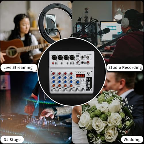 6-Channel Audio Mixer with 99 Sound Effects for PC,Portable Sound Mixing Console with BT USB Recording Input for Live Streaming,Podcasting,DJ Show