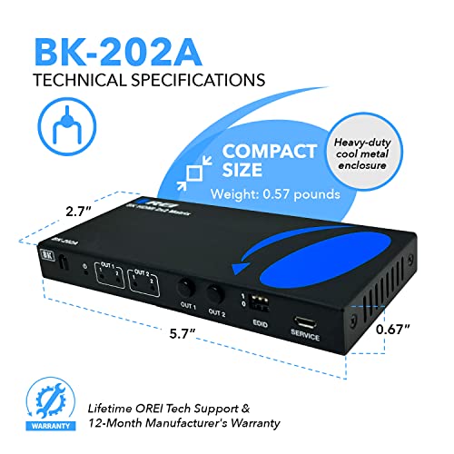 OREI 2x2 HDMI Matrix Switch – 8K HDMI 2.1, EDID, IR, VRR, FVA, ALLM, HDR10+ | 2x2 HDMI Matrix with Optical & 3.5mm Audio Out, 40Gbps, 8K60, 4K120, Dolby Vision, HDR10+, VRR, ALLM