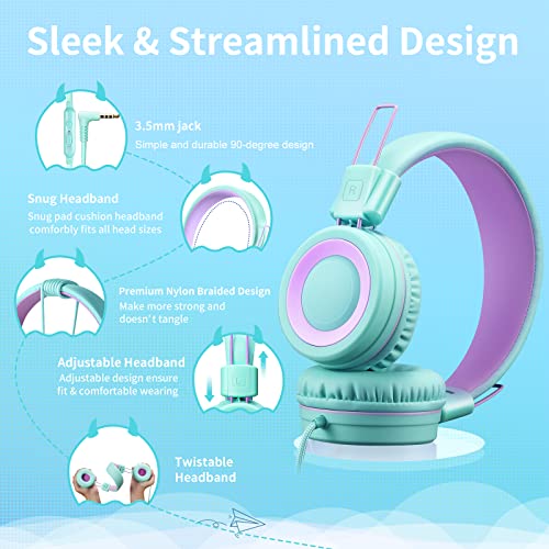 POWMEE P10 Kids Headphones with Microphone Stereo Headphones for Children Boys Girls,Adjustable 85dB/94dB Volume Control Foldable On-Ear Headphone with Microphone for School/PC/Cellphone(Green) - color: Green