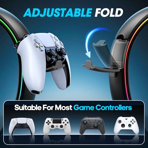 KDD RGB Headphone & Controller Stand with 9 Light Modes - Foldable Controller Hanger for Desk - Earphone Stand with Cable Organizer - for Gamers Desktop Accessories