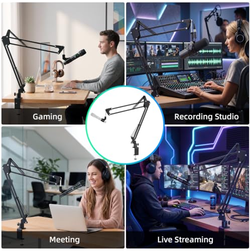 Mic Boom Arm, 1/4 3/8 5/8" Low Profile Microphone Stand, Cable Management | 360° Rotatable, Desk Mount Clamp, Heavy Duty Metal Black, Spring Damping, Streaming, Gaming, Recording, Podcasting, Studio