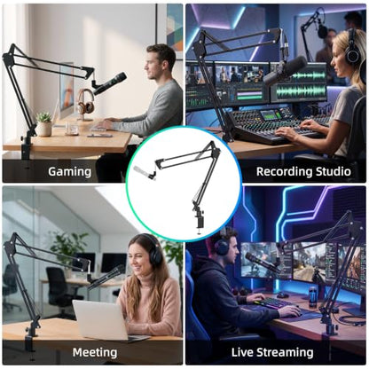 Mic Boom Arm, 1/4 3/8 5/8" Low Profile Microphone Stand, Cable Management | 360° Rotatable, Desk Mount Clamp, Heavy Duty Metal Black, Spring Damping, Streaming, Gaming, Recording, Podcasting, Studio