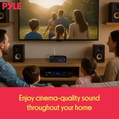 Pyle 200W Bluetooth Compact Power Amplifier - Wireless 2 Channel Audio Receiver with Dual Karaoke Mic Input - RCA - USB-A + SD Card MP3 Player - FM Radio - AUX In - Remote Control - PDA29BU