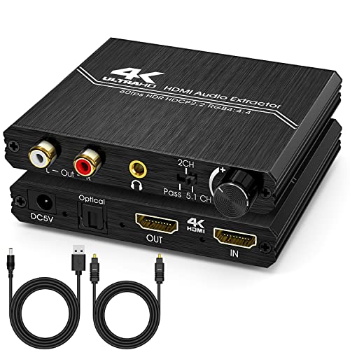 HDMI Audio Extractor, 4K HDMI to Optical SPDIF + 3.5mm Stereo + RCA L/R Audio Adapter Converter with Volume Control Support 4K@60Hz HDCP 2.2 HDR 3D YUV 4:4:4