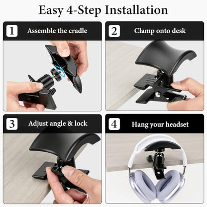 GEEKRIA Adjustable Clamp-On Headphone Holder, No-Drill Metal Headset Stand with Headband Rest, Under Desk Mount for Gaming Headsets, Home & Office, Black