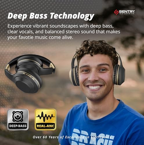 SENTRY OSH Over Ear Bluetooth Wireless Headphones, Active Noise Canceling -20dB Reduction, 22 Hour Battery Life, Control Buttons, Built in Microphone, USB C Charging and Carrying Case Included - color: Black
