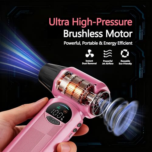 B50 Compressed Air Duster & Vacuum Cleaner, 0.6 lb Lightweight Powerful Mini Blower, Smart Display & Variable Speed, Rechargeable Air Duster for Keyboard, PC, Computer,Vanity, Desk, Car & Home – Pink - color: Pink