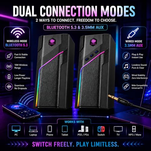 W-206RE Computer Speakers for Desktop PC, Bluetooth RGB Lights
