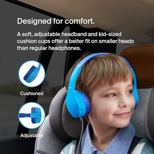 Belkin SoundForm Mini Wired Kids Headphones, On Ear, 3.5mm | Toddler headphones, built-in mic, 85dB safe volume limit, durable design, online learning, classroom, travel - color: Blue, style: Wired