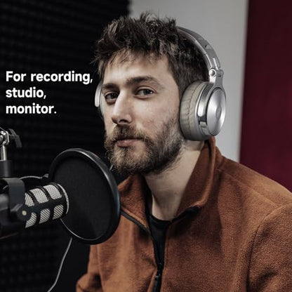 OneOdio Over Ear Headphone, Wired Bass Headsets with 50mm Driver, Foldable Lightweight Headphones with Share Port and Mic for Recording Monitoring Mixing Podcast Guitar PC TV (Silver)