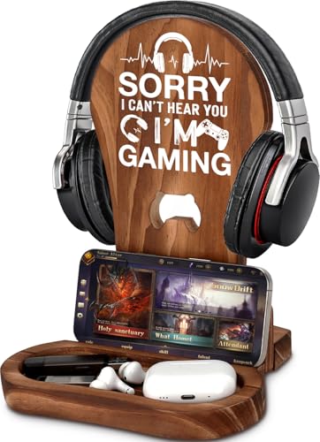 Gamer Gifts for Men Teenage Boys Birthday Christmas, Gaming Headset Stand | Birthday Gifts for Him Men Son Boyfriend Brother, Gamer Lovers Room Decor Stuff Wooden Headset Holder - style: Sorry I Can't Hear You I'm Gaming