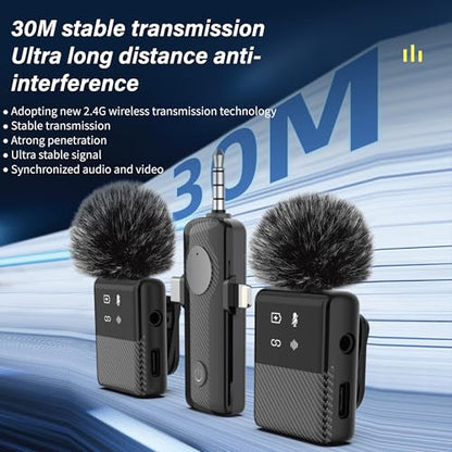 3 in 1 Dual Wireless Lavalier Mic System for iPhone and USB-C Android, Plug & Play, Noise Reduction, 30M Range, for Creators, Interviews & Live Streaming | Plug and play, noise reduction, two mics with compact receiver, for interviews, live streaming, pod