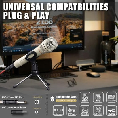 Dynamic Microphone - Professional Vocal Microphone for Singing - Handheld Wired Mic with 16ft XLR to 1/4" Audio Cable - Mic for Speech, Studio & Live Performance - color: A-Champagne