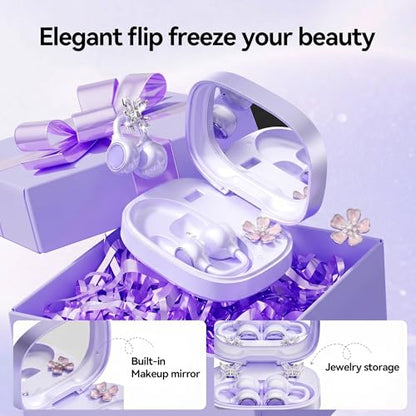 Open Ear Wireless Earbuds for Women with Makeup Mirror Charging Case, Clip-on Bluetooth 6.0 Headphones with Spatial Audio, Includes Flower & Butterfly Earrings, Long Battery Life (Purple) - color: Purple