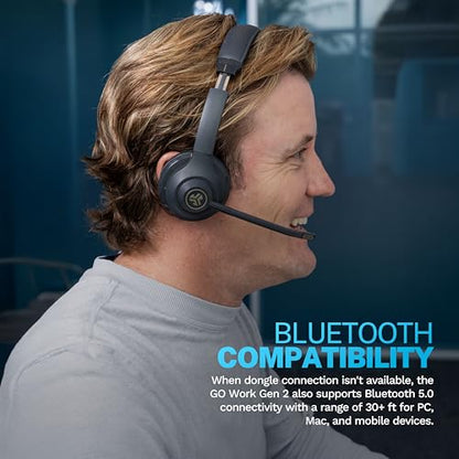 JLab, Go Work Gen 2, Wireless Headset, Bluetooth, USB Dongle, Boom Mic, Multipoint, Over Ear Headphones, Black