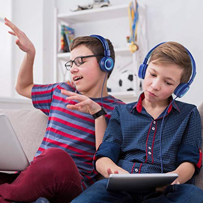 POWMEE P10 Kids Stereo Headphones with Microphone for Children Boys Girls,Adjustable 85dB/94dB Volume Control Foldable On-Ear Headphone for School/PC/Cellphone(Blue) - color: Blue